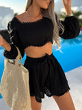 Chicmy Lady Square Collar Puff Long Sleeve Short Top High Waist Lace Up Shorts Beach Loose Women's Suits Summer Casual Solid Shorts Set
