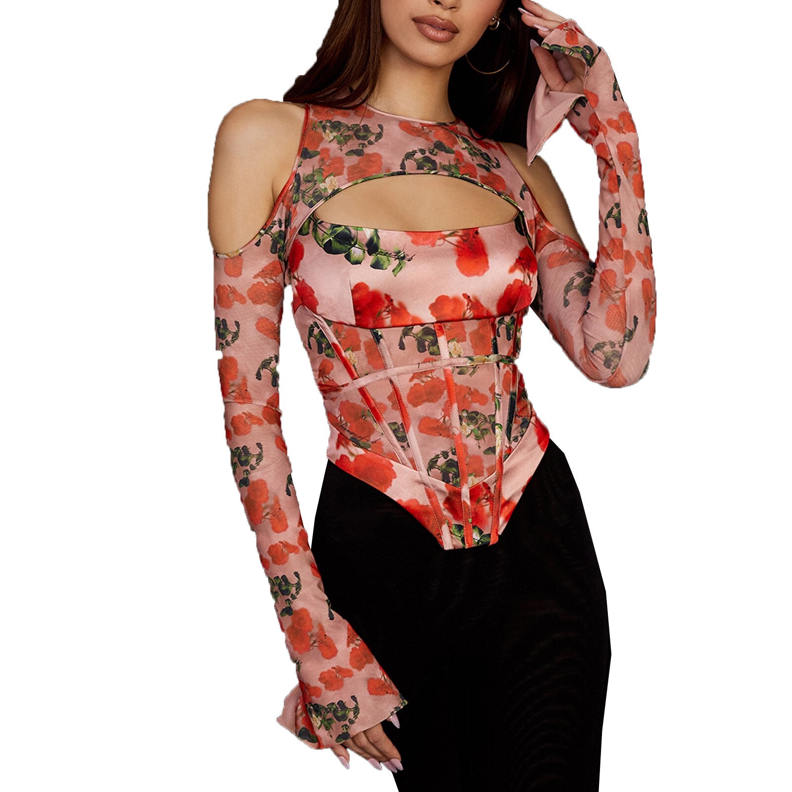 Chicmy Women's Tube Top Long Sleeve Tops With Flower Pattern Chest Shoulder Hollow Irregular Hem Skinny Spring Clothing Streetwear Y2k