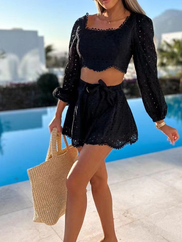 Chicmy Lady Square Collar Puff Long Sleeve Short Top High Waist Lace Up Shorts Beach Loose Women's Suits Summer Casual Solid Shorts Set