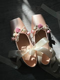 Chicmy 2023 NEW Classic Silk Ballet Shoes Ribbon Lace Up Ballet Shoes Women Square Toe Rose Flower Elegant Valentine Flats Pink Apricot