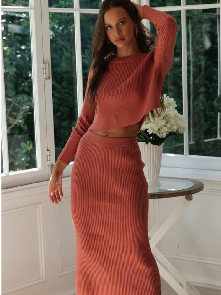 Chicmy Knitted 2 Pieces Set Women Pullovers Sweater Crop Tops & Knitted Skirts Bodycon Office Lady Skirts 2PCS Suits 2023 Winter Cloth
