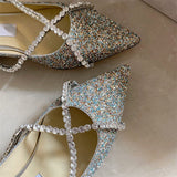 Chicmy Pointed toe fashion shoes women's summer new sequins rhinestone French cross strap casual flat shoes