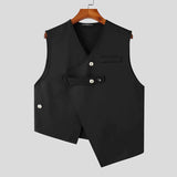 CHICMY Men Fall Outfits 2024 Men Vests Solid Color V Neck Button Sleeveless Irregular Waistcoats Men Streetwear Fashion Casual Crop Vests S-5XL