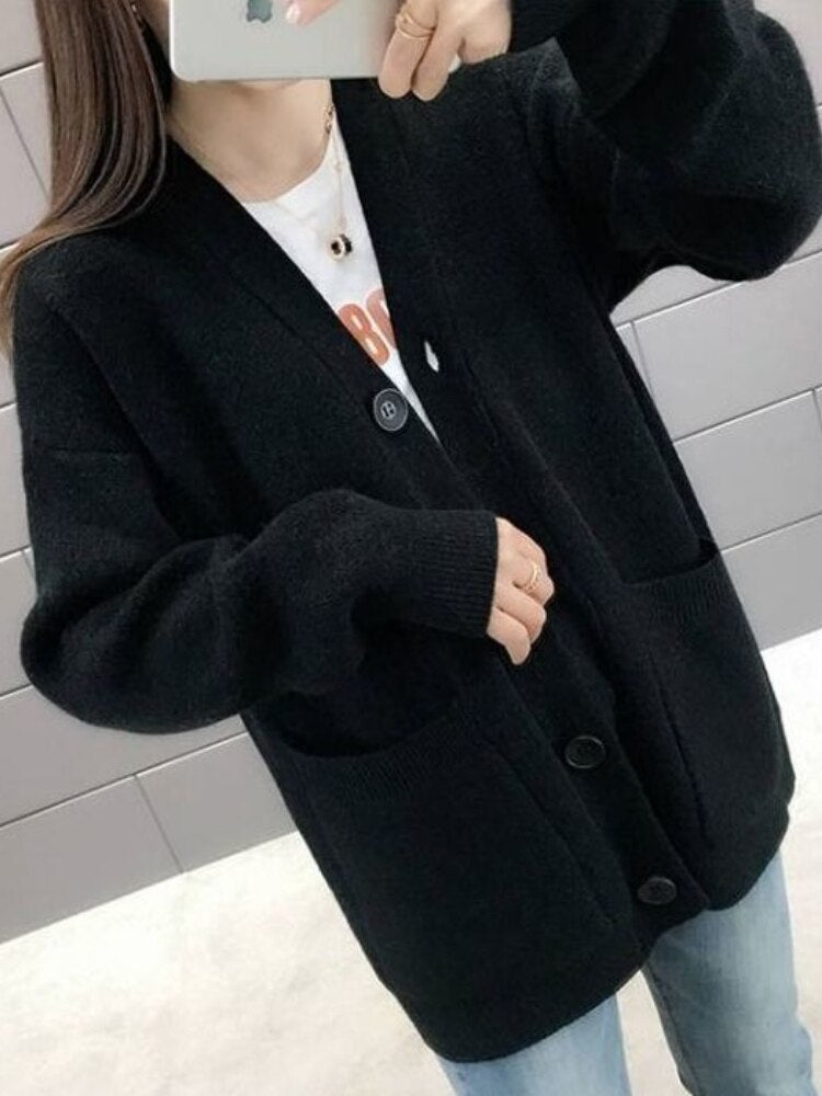Chicmy Women's Winter Coats 2023 Casual Long Sleeve Knitted Cardigan Women V-Neck Korean Fashion Solid Color Ladies Thick Sweaters