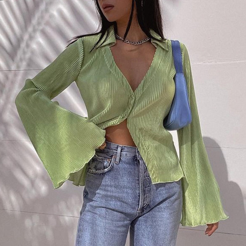 Chicmy Women Vintage Flare Sleeve Button Down Shirts Y2K V Neck Solid Color Ribbed Tops Blouse E-Girl Korean Fashion Streetwear