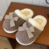 Chicmy White Brown Korean Kawaii Women Shoes Bowknot Cotton House Slippers New Winter Home Flat Fluffy Platform Designer Bedroom