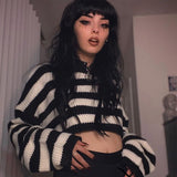 ChicMy-Fall Outfits  Spring Autumn Loose Casual Women Sweater Black White Stripe Pattern Round Collar Knitted Crop Tops Fashion Style