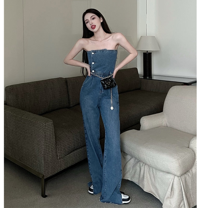 Chicmy Sleeveless Overalls Korean Fashion New Tube Top High Waist Wide Leg Pants Split Denim Jumpsuit Elastic Backless Romper Female