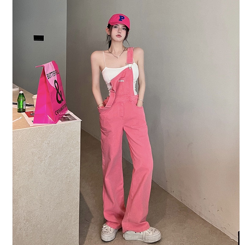 Chicmy Vintage Cotton Elegant Pink Denim Jumpsuit Women Sleeveless Fashion Hipster Casual High Street Wide Leg Overalls Outfits Romper