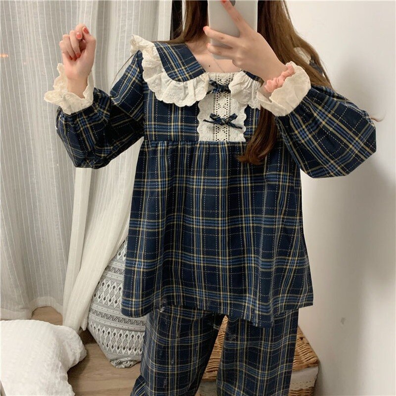 Chicmy Pijama Plaid Korean Pajamas Women Autumn Sleepwear Female Set Lace Chic Loungewear Sweet Long Sleeve Pyjamas Suit Negligee
