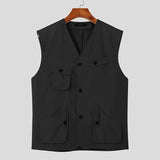 CHICMY Men Vests Solid Button Down V Neck Sleeveless Loose Streetwear Male Waistcoats Korean 2024 Fashion Casual Vests S-5XL