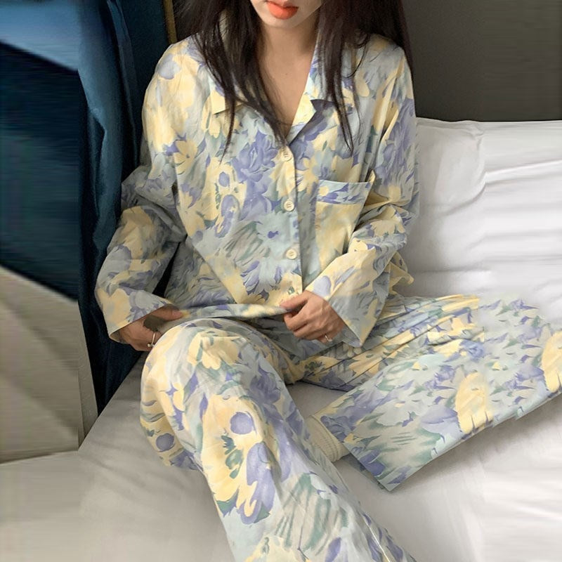 Chicmy Women Pajama Sets Spring Autumn Long Sleeve Floral Vintage Fashion Nightwear Loose Elegant Pyjamas Female Leisure 2-Piece M-3XL