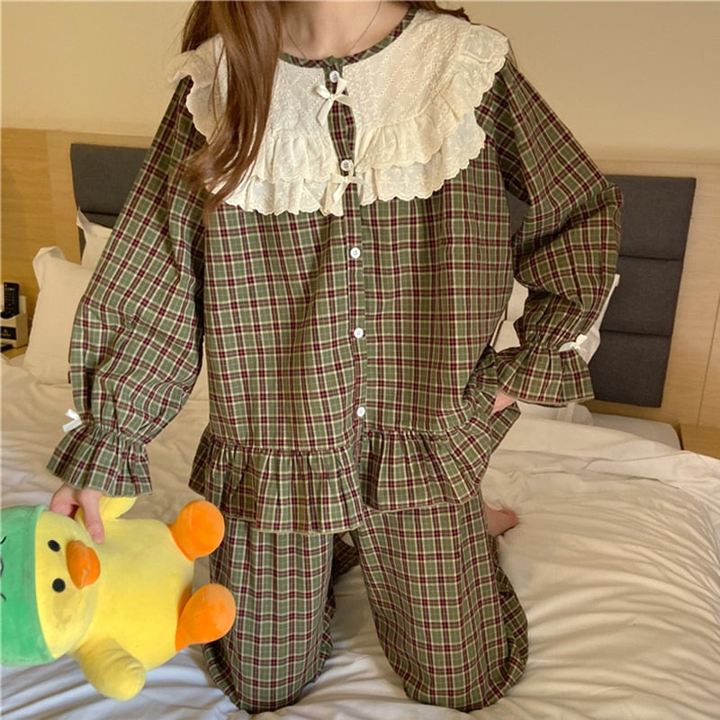 Chicmy Korean Vintage Plaid Pajamas Set Women Fashion Ruffle Sleepwear Casual Mori Girls Outwear Home Suit Medieval Flare Sleeve