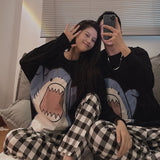 Chicmy Cute Shark Print Women's Pajamas Autumn Couple Plaid Sleepwear Black Pijama Kawaii Long Sleeve Pyjamas Loungewear Suit Pjs