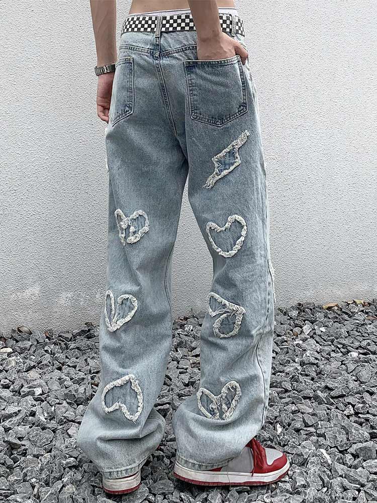 Chicmy Men Raw Edge Patchwork Jeans Neutral Wide Leg Denim Trousers Aesthetic Loose Straight Pants Vintage Casual Hip Hop Streetwear