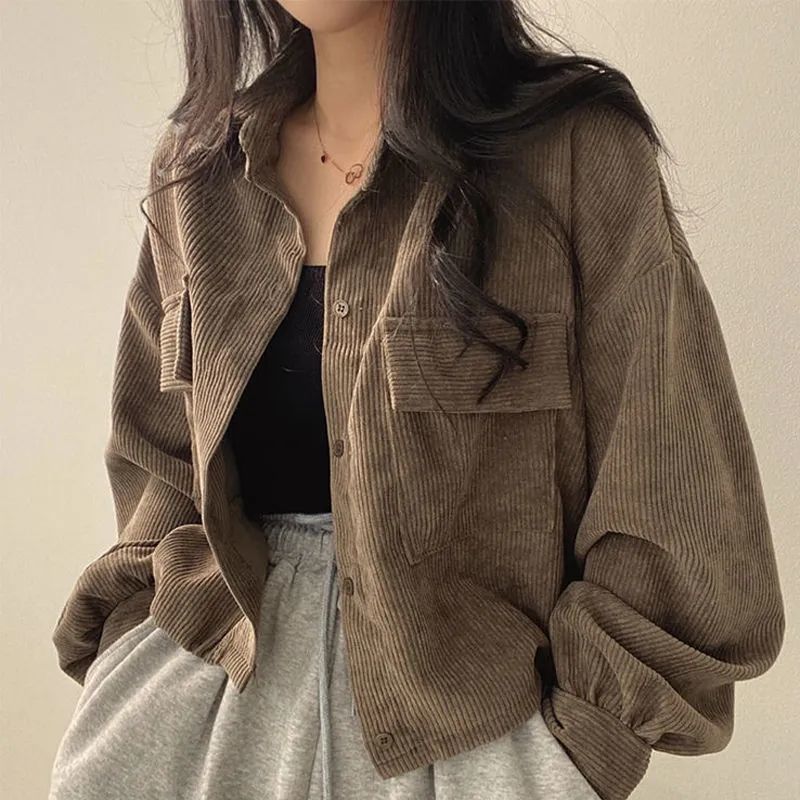 Chicmy Fashion Corduroy Jacket Women's Autumn New Korean Simple Single Breasted Long Sleeve Lapel Solid Jacket High Quality