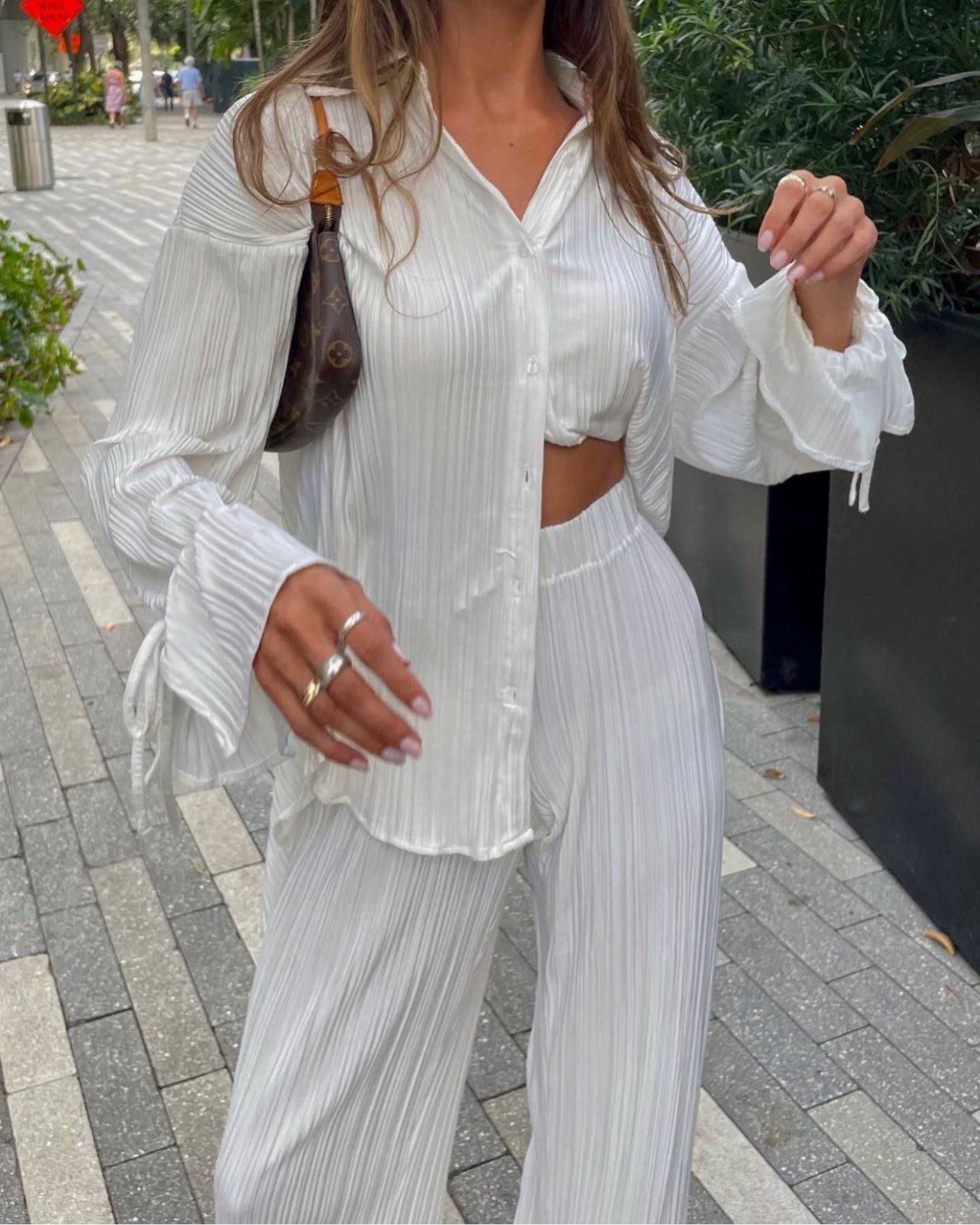Chicmy Solid Casual Outfits Sexy V Neck Buttons  Long Sleeve Blouse And Elastic Waist Split Pants Suits 2023 Loose 2 Piece Women Sets