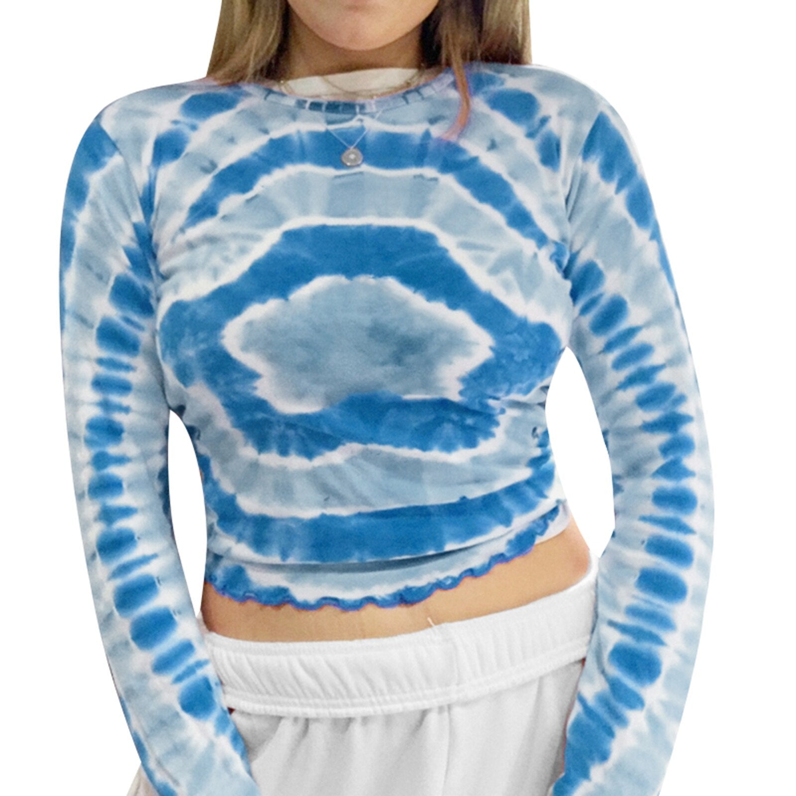 Chicmy Women Casual Tie-Dye Printed T-Shirt Round Neck Long Sleeve Fashion Crop Tops Spring Autumn E-Girl Streetwear 2023