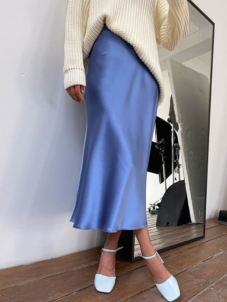 Chicmy Long Skirts Woman Fashion 2023 Korean Fashion Satin Silk Elegant Womans Skirt Office Lady Casual Solid Women's A-Line Skirts