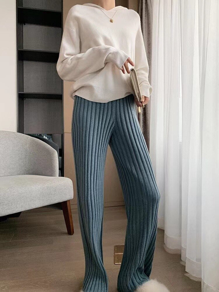 Chicmy Autumn Winter Women's Wide Leg Pants Korean Fashion Knitted Straight Pant Full Length Elastic Waist Solid Strecth Trousers Women