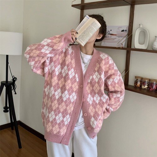Chicmy Knitted Cardigan Woman Sweaters Coat Long Sleeve Cotton Knit Vest Pullover Blue Pink V-Neck Rhombus Plaid Oversize Sweater Woman