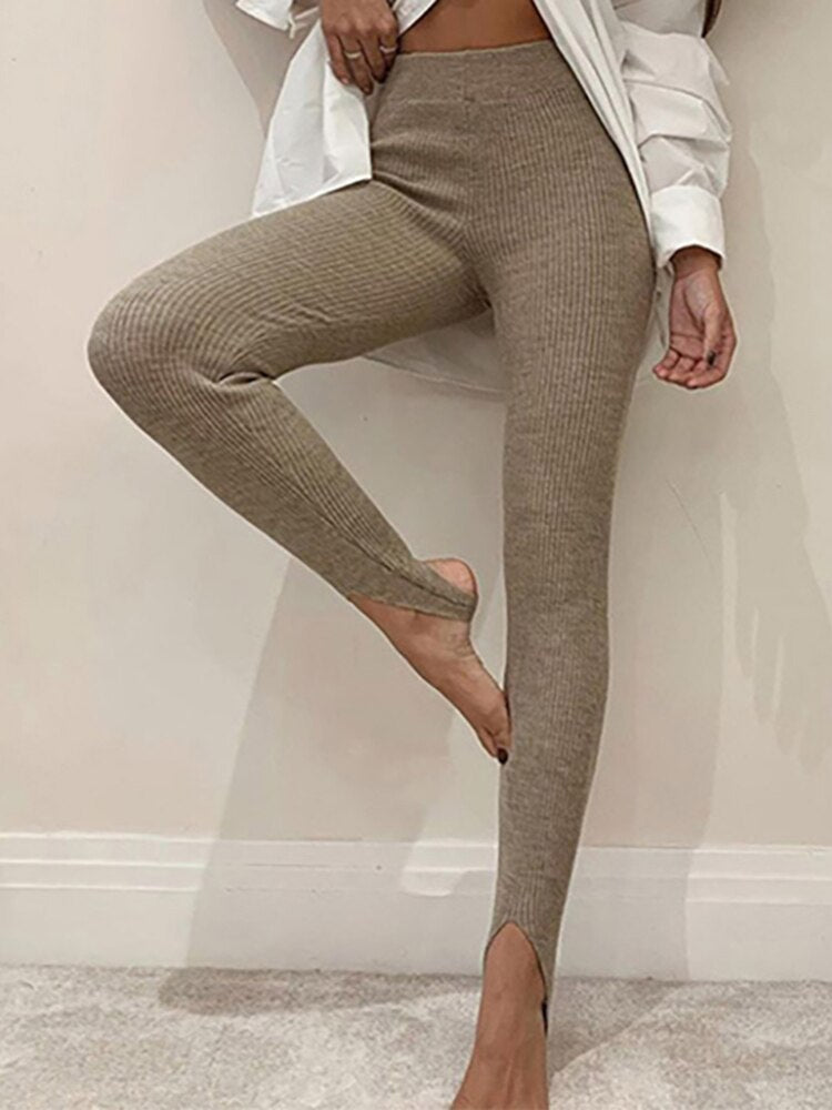Chicmy Women Ribbed Knit Leggings Fashion Beige High Waist Cotton Fitness Basic Pants Female Casual All-Match Stretch Skinny Leggings