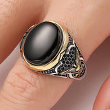 Chicmy-Craved Pattern Black Egg-shaped Crystal Silver Color Ring