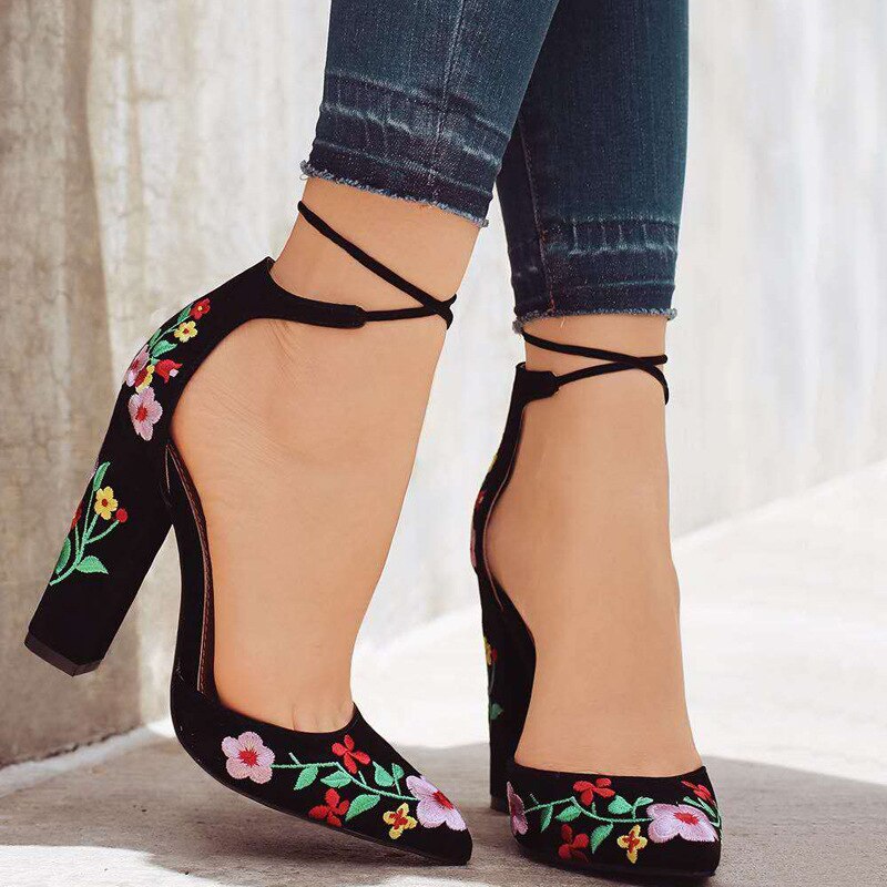 Christmas Gift Women High Heels Plus Size Embroidery Pumps Flower Ankle Strap Shoes Female Two Piece Sexy Party Wedding Pointed Toe