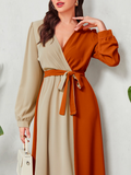 ChicmyV Neck Casual Two Tone Surplice Neck Lantern Sleeve Belted Dress