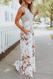 CHICMY-Women's Spring and Summer Outfits, Casual and Fashionable Striped Floral Print Patchwork White Maxi Dress