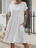 Chicmy- Short Sleeve Round Neck Pocket Polka Dot Short Dress