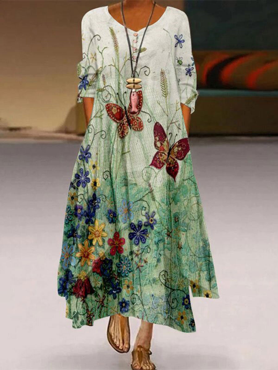 Chicmy- Round Neck Casual Loose Floral Print Long Sleeve Maxi Dress