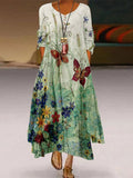 Chicmy- Round Neck Casual Loose Floral Print Long Sleeve Maxi Dress