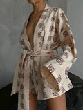 Chicmy- Loose  Printed  Long Sleeves Tied Waist Robes + High-Waisted Short Bottom Robes Pajama Sets