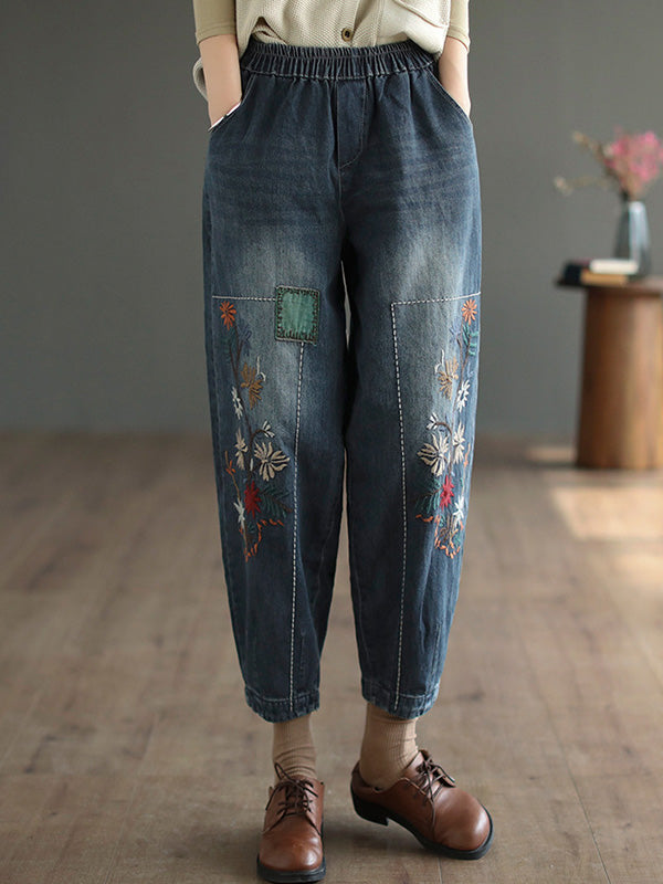 Chicmy-Vintage Loose Embroidered Elasticity Harem Jean Pants Bottoms