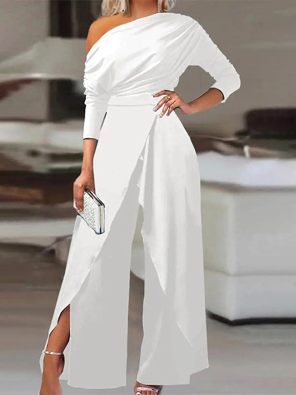 Chicmy-Solid Color One-Shoulder Long Sleeves T-Shirt + High-Waisted Wide Leg Pants Trousers Two Pieces Set