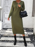 Chicmy-Buttoned Split-Joint Long Sleeves Loose Round-Neck Sweater Dresses Midi Dresses