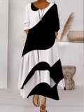 Chicmy- V-neck Loose Colorblock Print Holiday Long Sleeve Maxi Dress