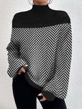 Chicmy-Split-Joint Striped Long Sleeves Loose High Neck Sweater Tops Pullovers Knitwear