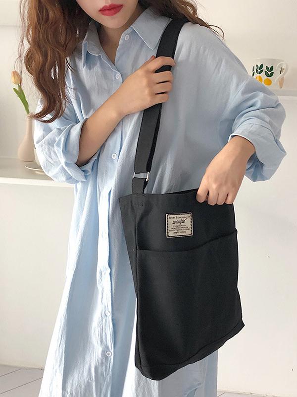 Chicmy-Simple Solid Color With-pockets Canvas Handbag