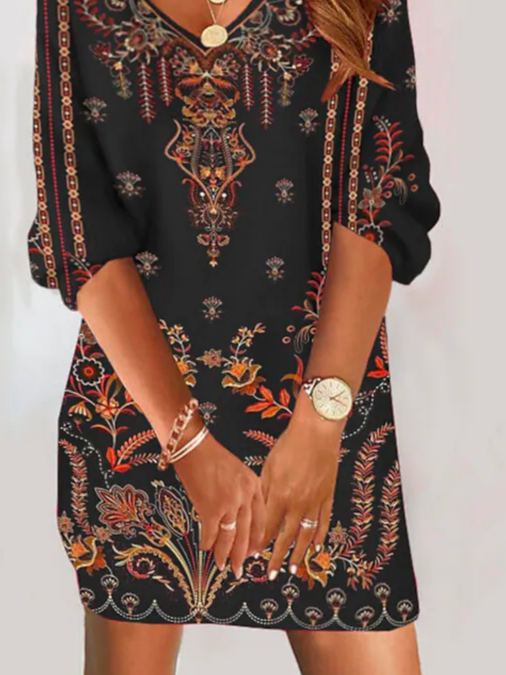 Chicmy Casual Loose V Neck Ethnic Dress