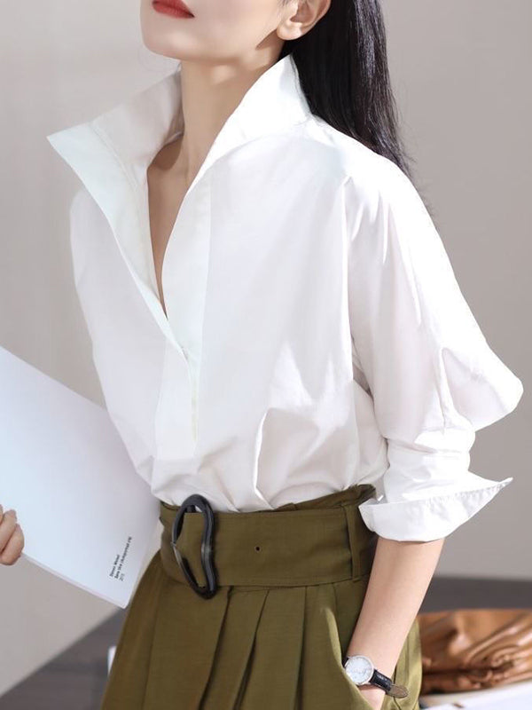 Chicmy-Long Sleeves Loose Solid Color Lapel Collar Blouses&Shirts Tops