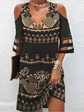 Chicmy- Fashion Casual Patchwork Wave V Neck Off Shoulder Ethnic Print Short Sleeve Short Dress