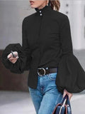 Chicmy-Urban Solid Color Stand Collar Puff Sleeves Blouse