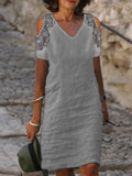 Chicmy- Lace V-neck Cotton Linen Short Dress