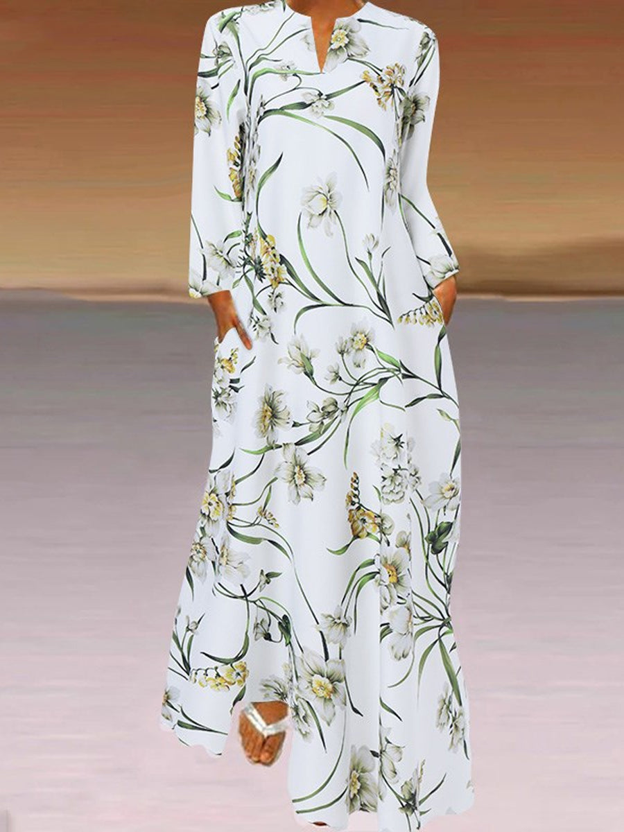 Chicmy- Casual Floral Print V-Neck Long-Sleeve Maxi Dress