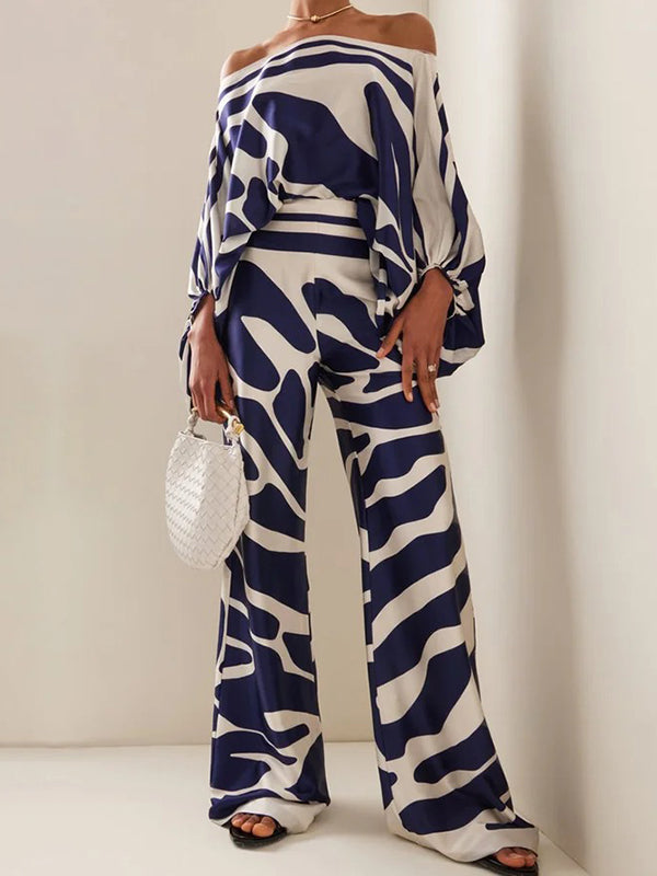 Chicmy-Printed Off-The-Shoulder Top + Wide Leg  Pants Two Pieces Set