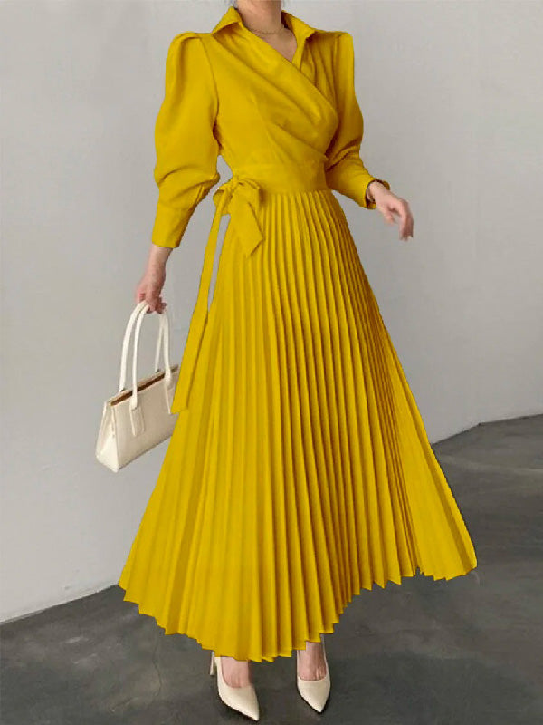 Chicmy-Office Pleated Asymmetric Solid Color Lapel Maxi Dresses
