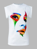 Chicmy-Original Casual High-Neck Cap Sleeves Face Printed T-Shirt Top