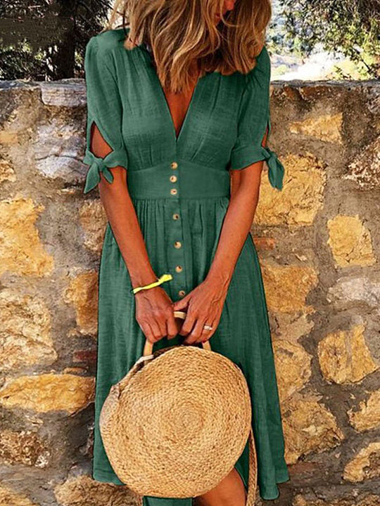 Chicmy- V-neck Solid Color Cotton And Linen Midi Dress